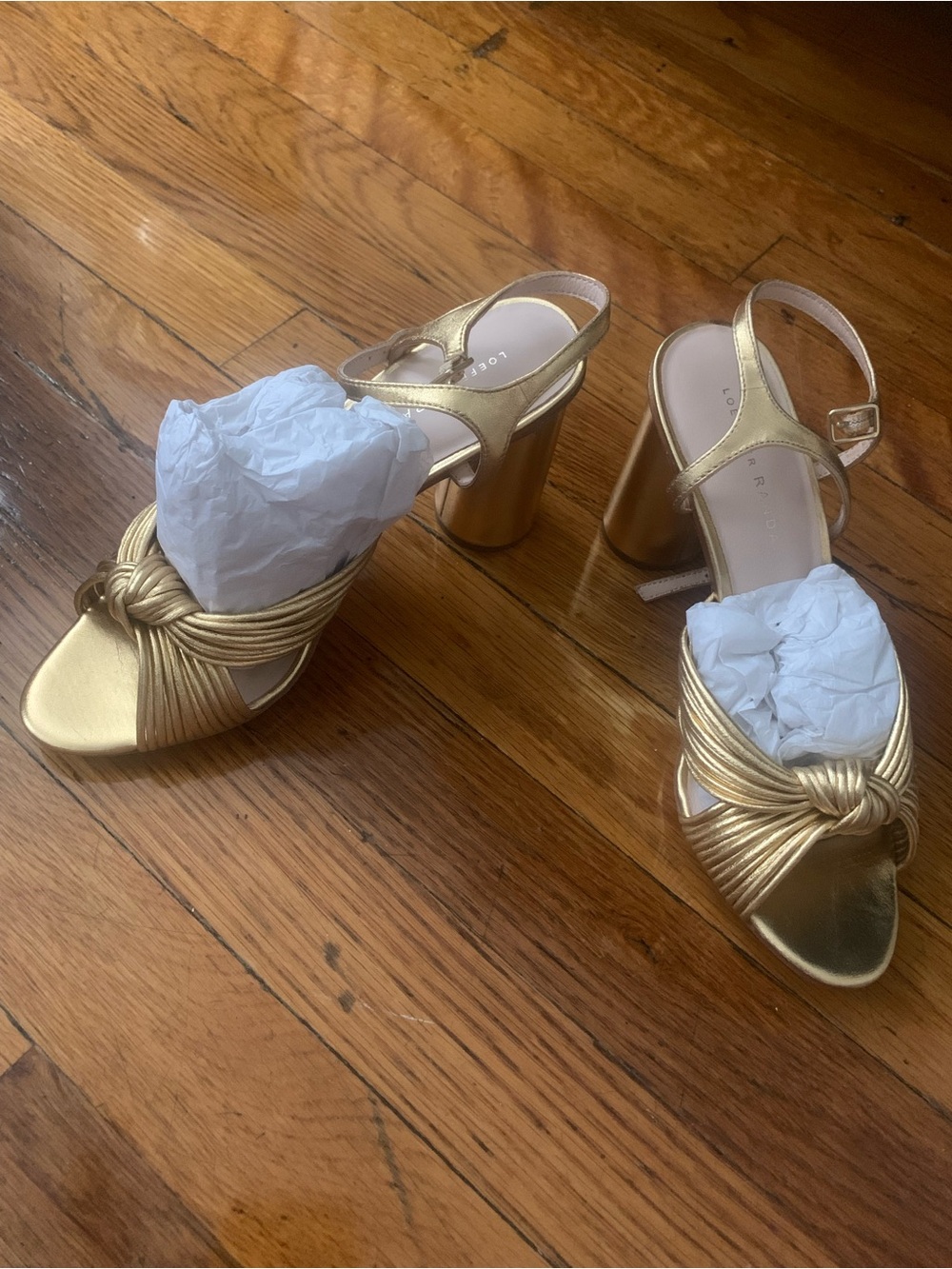 Brand New NEVER WORN Loeffler Randall Metallic Gold Knot Block Heel Sandals